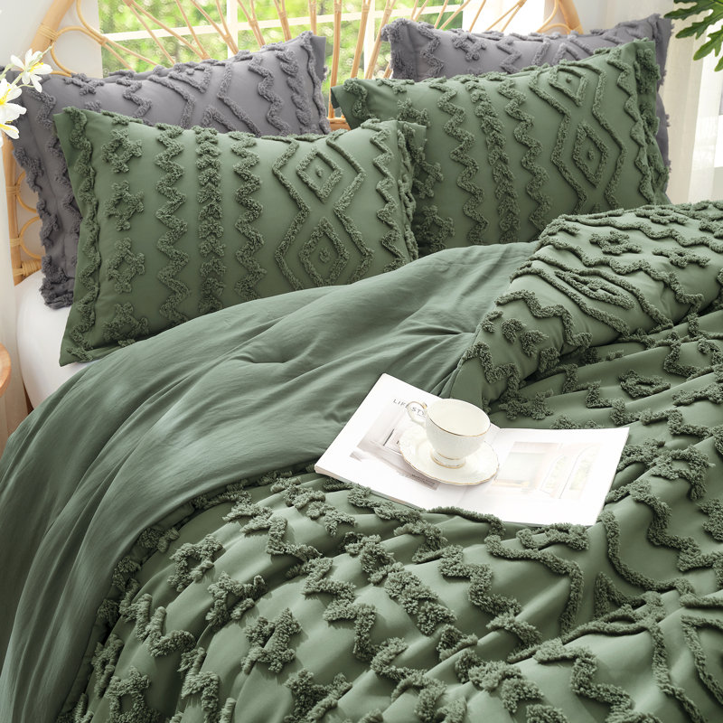 Ensemble d'édredon léger texturé Boho, Édredon Quen + 2 taies d'oreiller standard, Vert