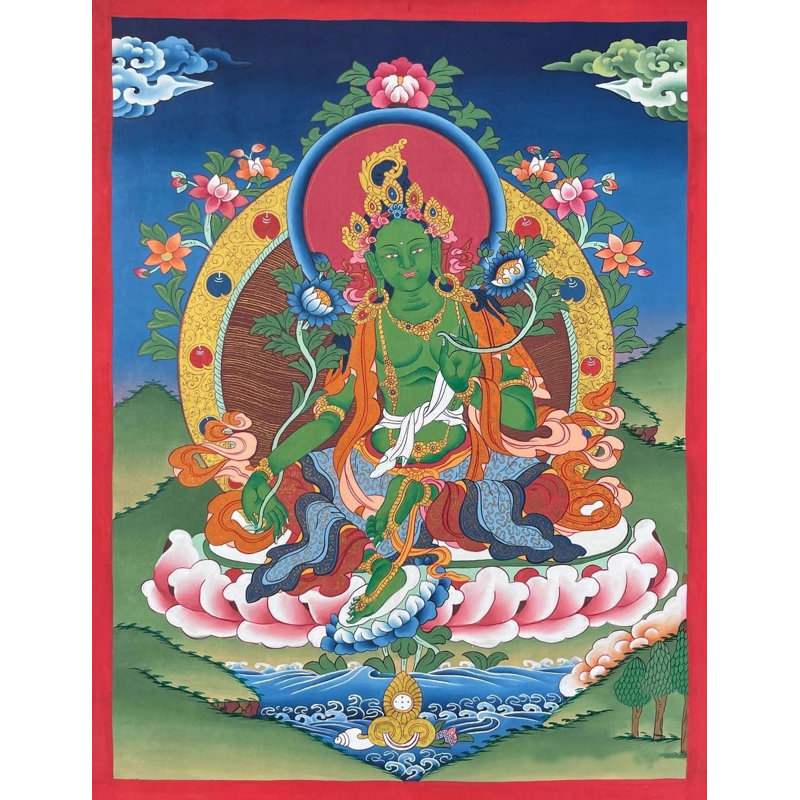 Tara verte sur des fleurs de lotus Thangka (Brocadeless Thangka)