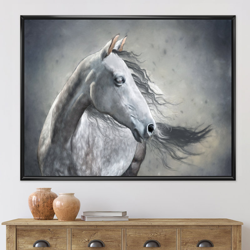 Portrait monochrome d'un cheval sauvage - peinture sur toile, H 12 po x l 20 po x p 1 po, Cadre flottant noir