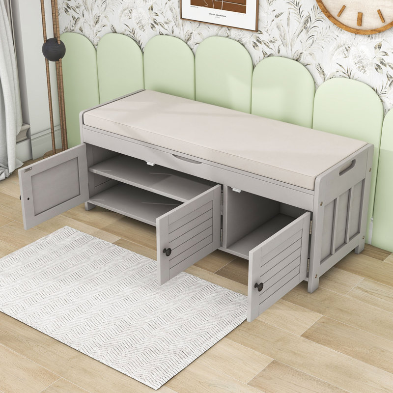 Banc de rangement avec 3 portes en forme de volet, banc à chaussures avec coussin amovible et rangement caché, Gris délavé