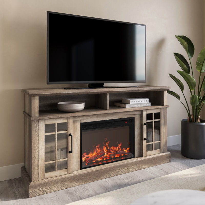  Kehaulani Traditional 58" Rustic TV Stand with 23" Electric Fireplace Heater with Sound, Media Entertainment Center Console Table for TV up to 65"