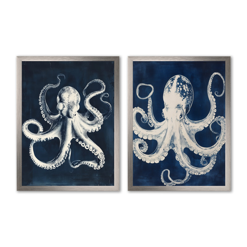 Poulpe en bleu de Prusse I - Ensemble de 2 tableaux sur toile représentant une pieuvre, 32" H x 48" W, Silver Picture Framed