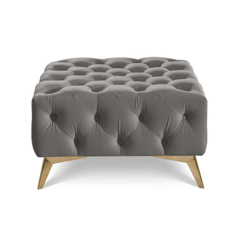 Whitby 80cm Wide Velvet Tufted Square No Pattern Footstool Ottoman, Gold, Grey