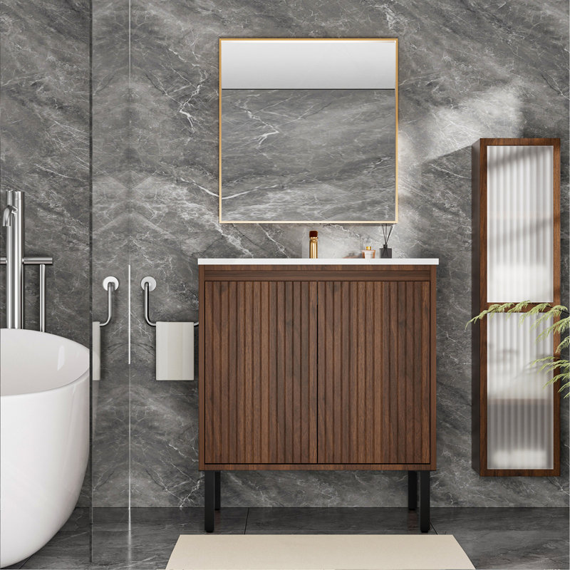 Meuble-lavabo 36 po avec lavabo, structure autoportante pour plancher, tiroirs à fermeture douce, finition chêne (lavabo blanc)