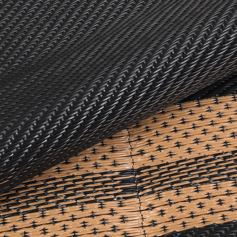 Outdoor Rug 9x12ft Waterproof Reversible - Modern Geometric Edgeed Plastic Straw Carpet - Easy to Clean - For Patio, RV, Camping, Porch, Balcony, Deck, Beach, Backyard - Black/Brown