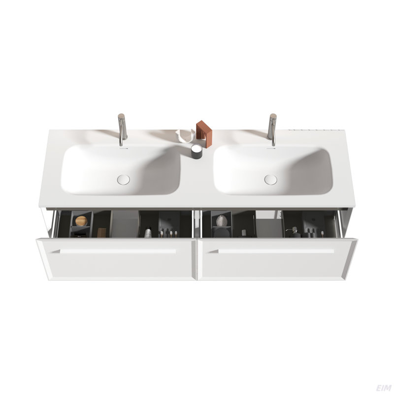Meuble-lavabo 60 po blanc neige avec tiroir à DEL automatique, meuble-lavabo mural avec lavabo à surface solide intégré, SANS drain, pré-assemblé