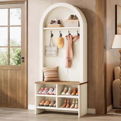 70.87" Hall Tree with Shoe Storage Bench, Arched Coat Rack with 4 Hooks & 4 Shoe Cubbies, for Mudroom, Entryway, Rustic Brown