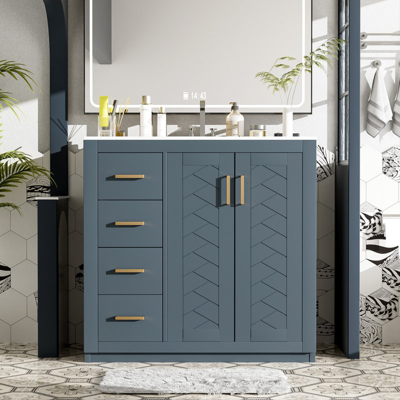 Meuble-lavabo 36 po avec lavabo en céramique, Bleu