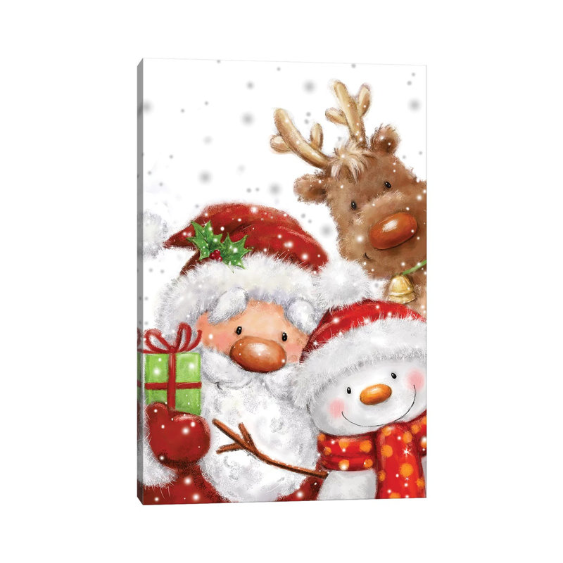 Santa Snowman And Reindeer by MAKIKO - Wrapped Canvas Print, 30.48 cm H x 45.72 cm W
