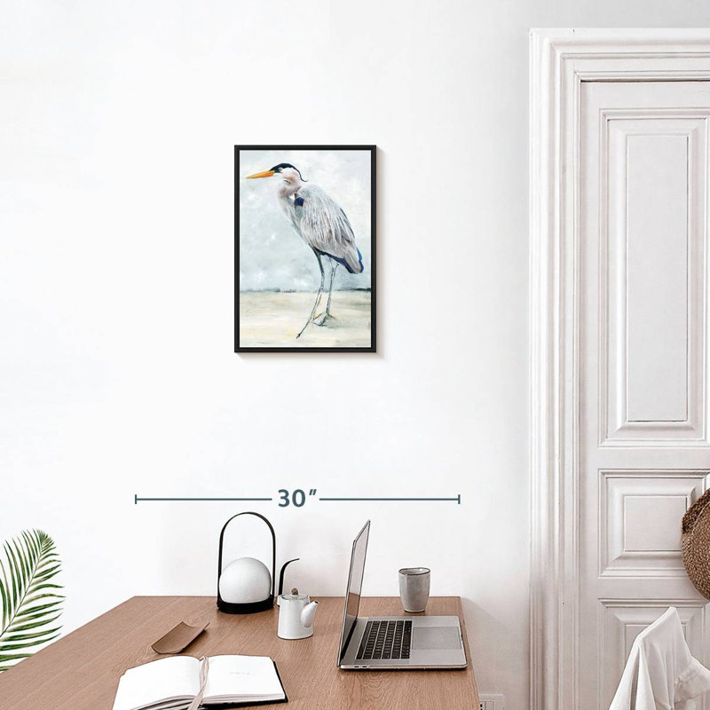 Héron bleu plage I, 13 po x 19 po, Cadre flottant noir