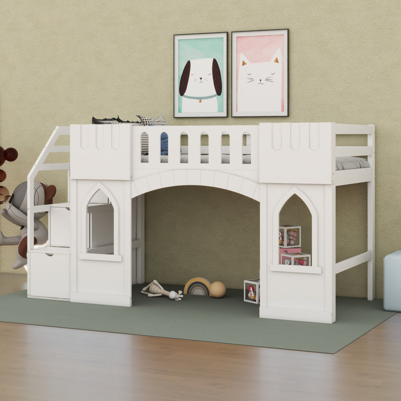 Lit mezzanine simple avec escalier de rangement et fenêtre, Blanc