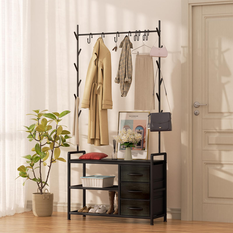 Hall Tree 84cm Wide with Bench and Shoe Storage, Black