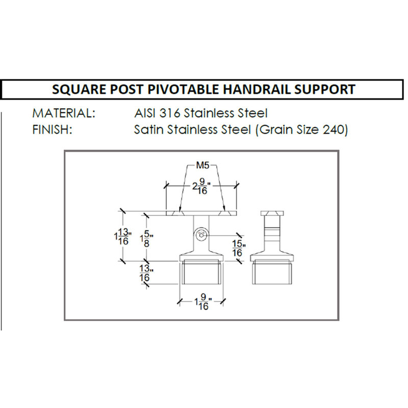 Square Profile Top Mounted Stainless Steel Post Round Saddle Handrail Pivotable Support
