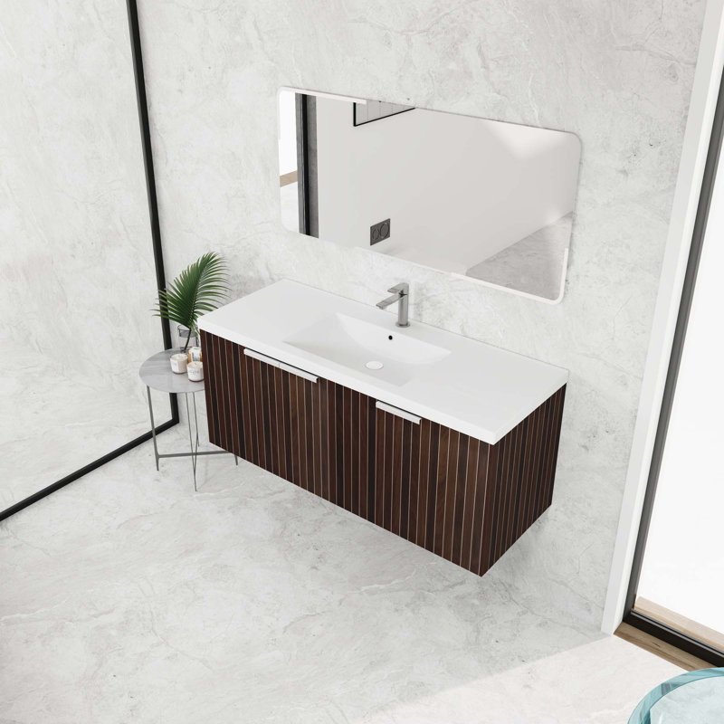 Meuble-lavabo de salle de bain avec lavabo en résine, portes à fermeture douce, conception à fixation flottante