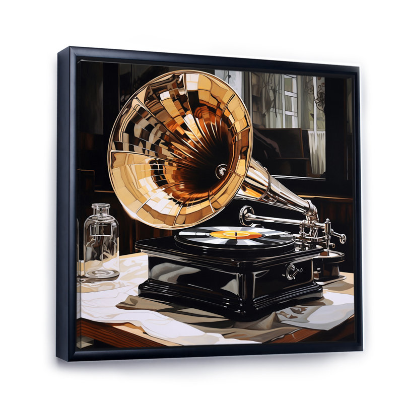" Gold Black Phonograph Reflections ", Black Floater Framed, 16" H x 16" W x 1" D