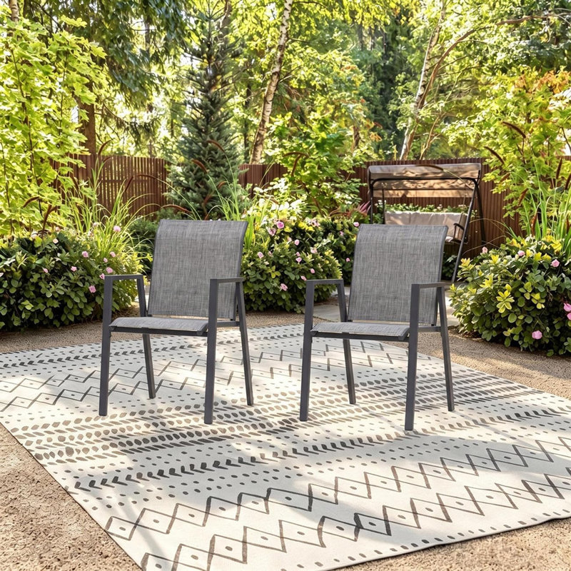 Outdoor PVC-coated polyester Dining Chairs Set of 2, Patio Stacking Armchair with Metal Frame and Backrest for Outdoor, Gray