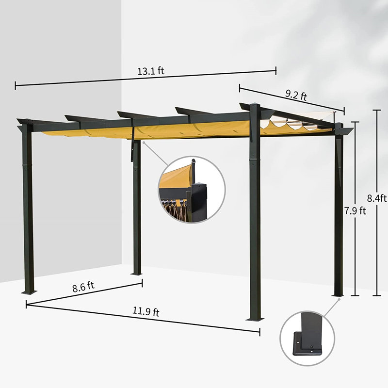 Pergola en aluminium gris foncé avec auvent rétractable - Pavillon de jardin pour barbecue, fête, mariage. Temps,. Convient à la cour, au patio, à la terrasse, au blocage du jardin. Cour arrière. Économiseur d'espace mural. &