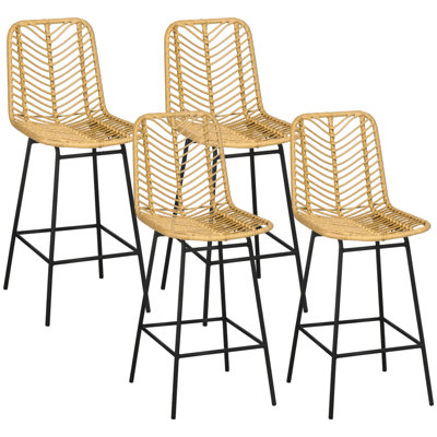 Homcom Rattan Bar Stools Set, 26" Counter Height Barstools, Boho Kitchen Island Stools With Breathable Wicker Seat And Back