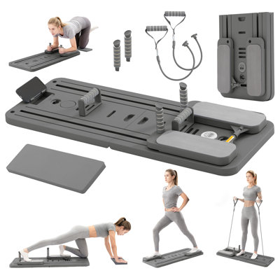 Foldable Pilates Board Set with Timer & Phone Holder, Home Fitness Reformer，Gray
