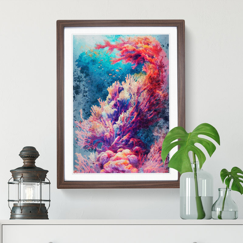 Beauteous Coral Reef 1 Piece Single Picture Frame Wall Art, 64cm H x 46cm W x 2cm D, Walnut Framed