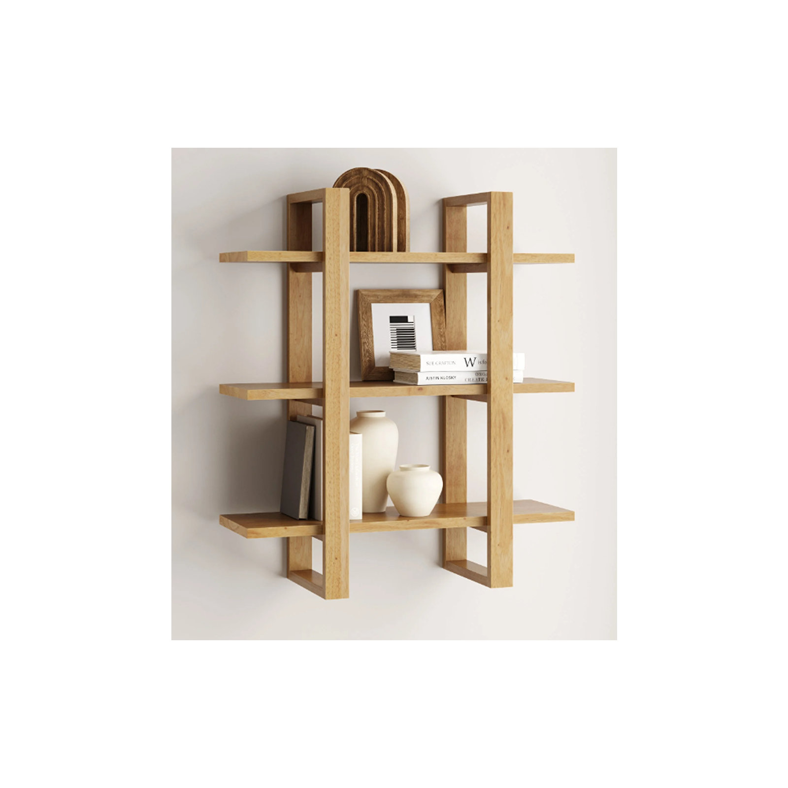Solid Wood Floating Shelf with Adjustable Shelves, Natural Brown
