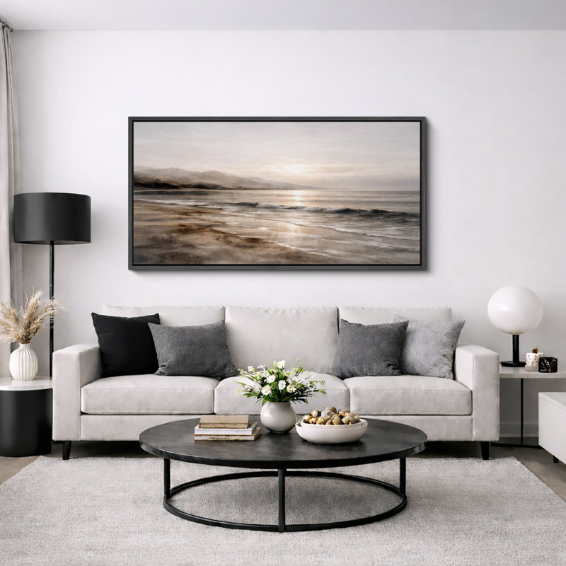 «Soft Coastal Shoreline Sunrise Seascape Neutral Ocean View», très grandes photos, impression sur toile encadrée, Noir