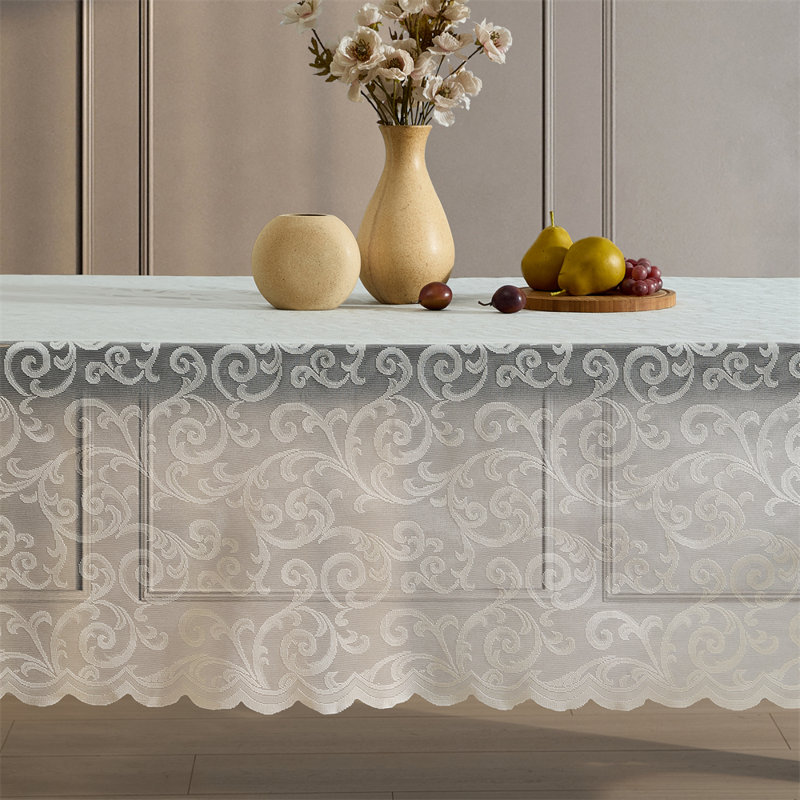 Stefani Floral Lace Fabric Tablecloth, Lace Fabric Table Cloth for Round Tables, Wrinkle Resistant Tablecloth, Patterned Scalloped Tablecloth