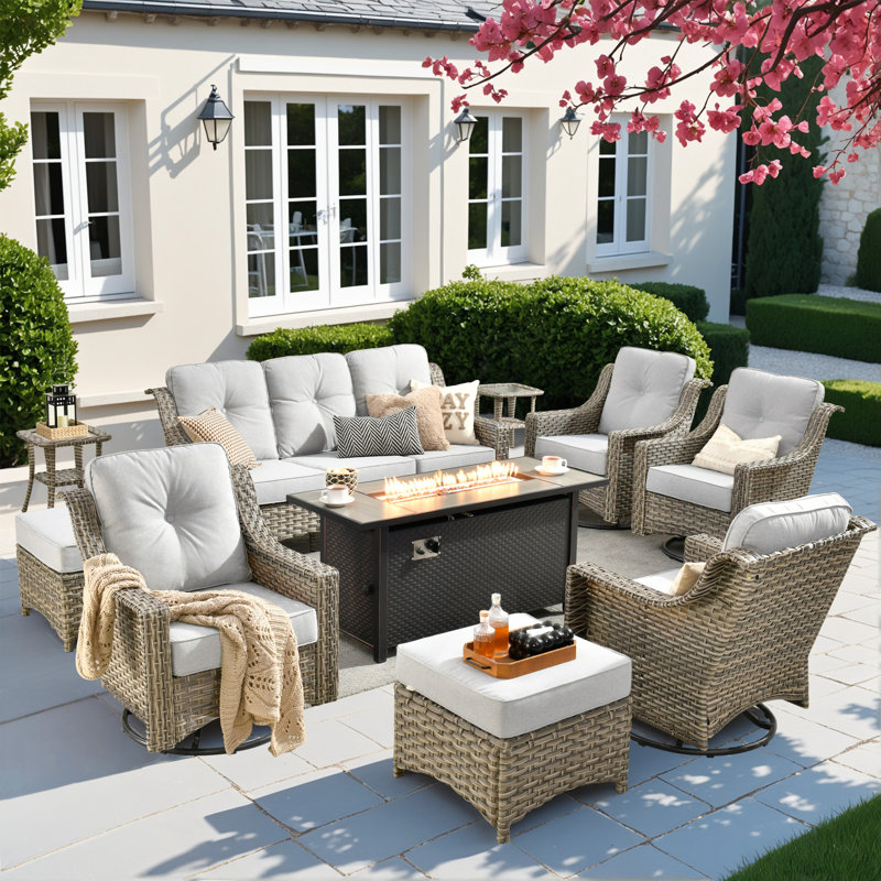 10 Pieces Patio Furniture Set With 53" Fire Pit Table, Outdoor Wicker Swivel Rocking Chairs With Comfy Cushions, All-weather High Back Sofa Couch Set For Backyard Or Lawn