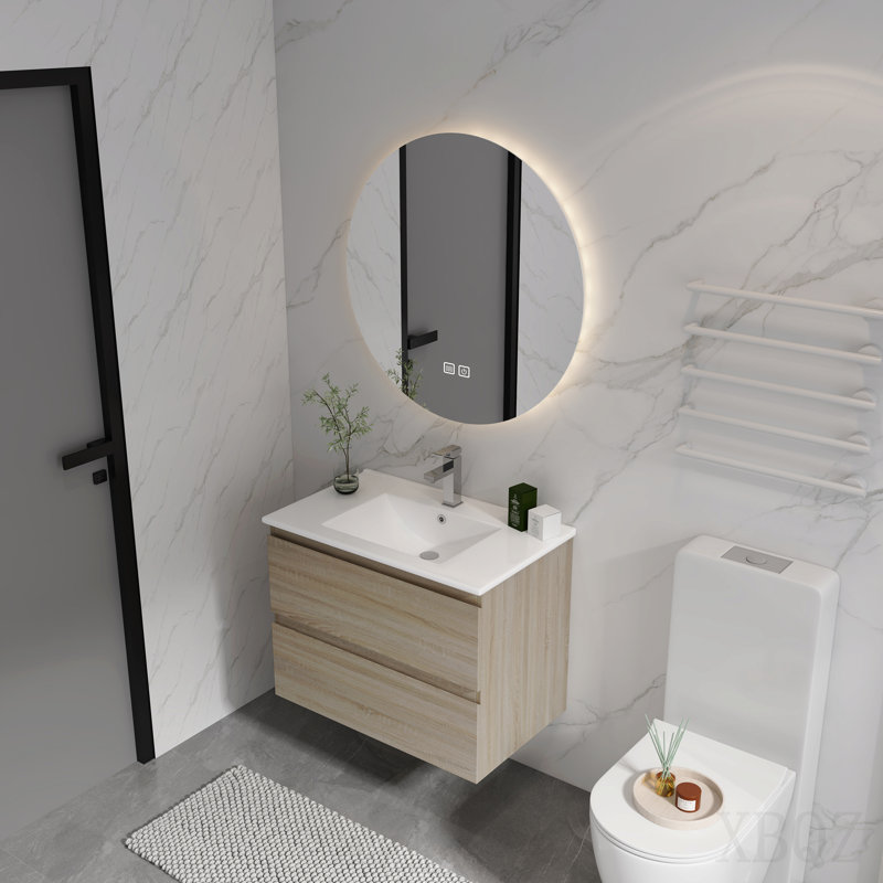 Ensemble de meuble-lavabo mural 24 po avec lavabo en céramique, 2 tiroirs à fermeture en douceur, ensemble Kd, White, 24"