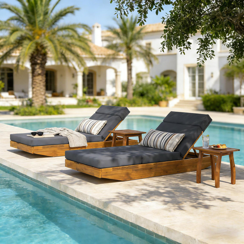 Modern Acacia Wood Outdoor Chaise Lounge With Dark Grey Water-Repellent Cushion & Integrated Headrest, Adjustable & Foldable Design For Patio, Poolside, Garden