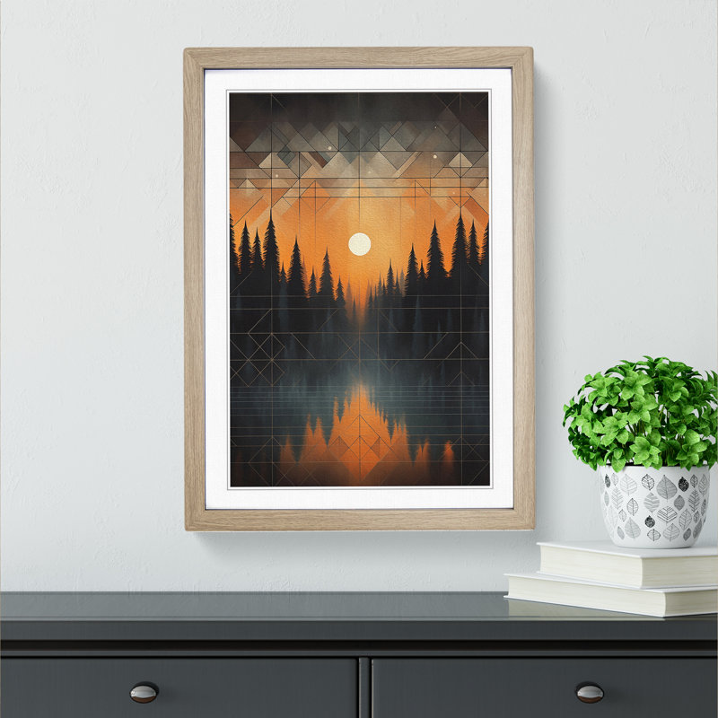 Winter Forest Geometric - Single Picture Frame Print on Wood, 34cm H x 25cm W x 2cm D, Oak
