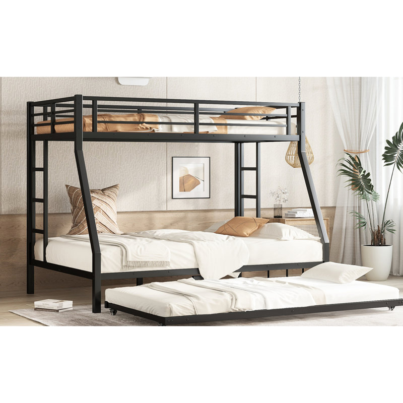 Black Metal Twin Over Full Bunk Bed With Trundle - Solid Construction, Silent Slats, Under Storage Function, 38 Slats Support, Numbered Parts Assembly Guardrail Protection, Simple