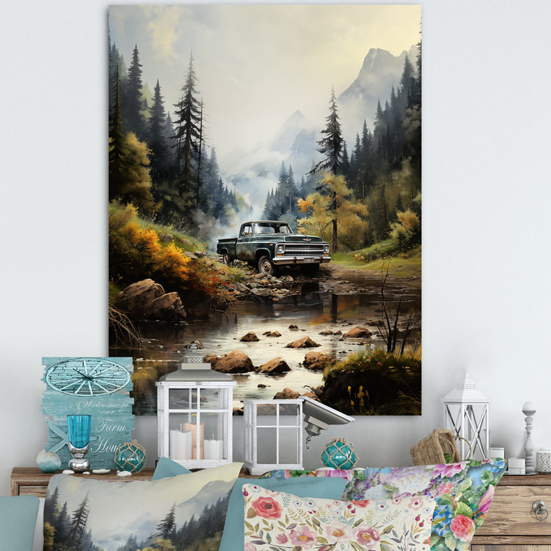 Yaslynn, camionnette verte, Misty Mountains I - impression, H 20 po x l 12 po x P 1 po, Toile tendue