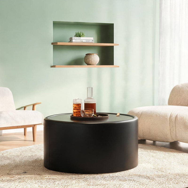 Table basse ronde en cuir de polyuréthane noir profond et verre trempé, rangement caché pour le salon, style moderne