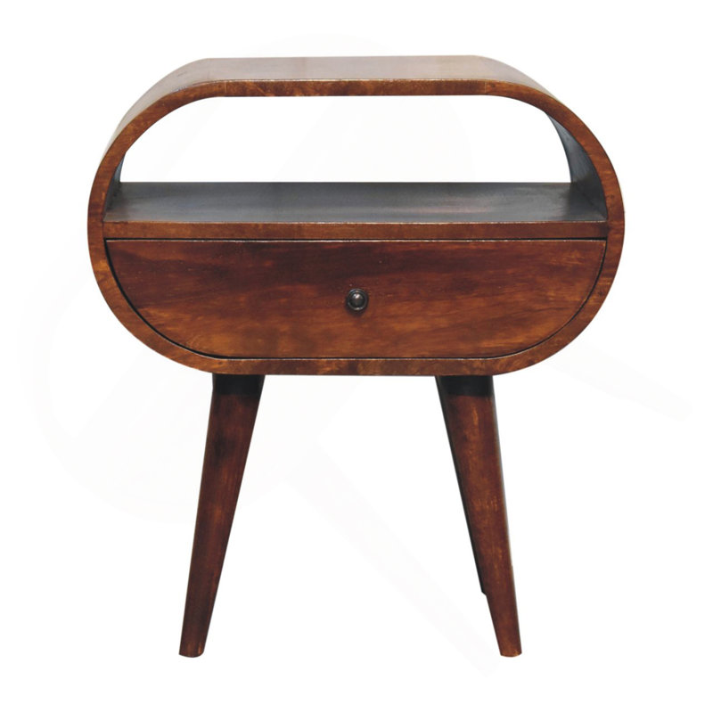 Grande table de chevet circulaire en bois massif, 1 tiroir, 1 fente ouverte, châtaignier, brun