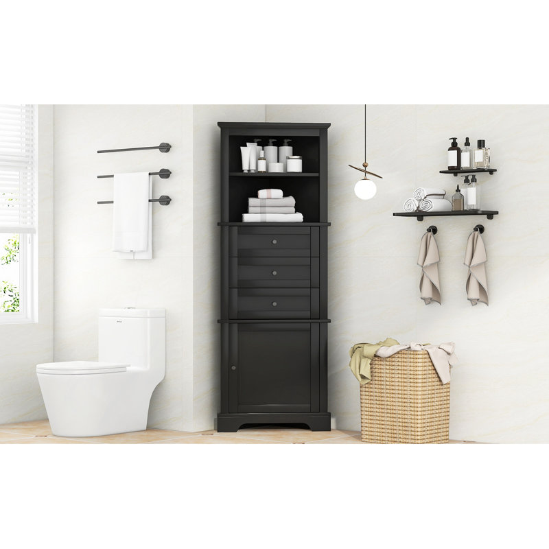 Bathroom Cabinet, Black Triangle Tall Cabinet With 3 Drawers And Adjustable Shelves For Bathroom, Kitchen Or Living Room, MDF Board With Painted Finish