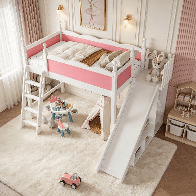 Lit mezzanine pour enfants, lit mezzanine avec garde-corps multi-tablettes et garde-robe, lits mezzanine en bois massif avec glissières et échelles détachables, aucun sommier nécessaire, lit mezzanine pour tout-petit