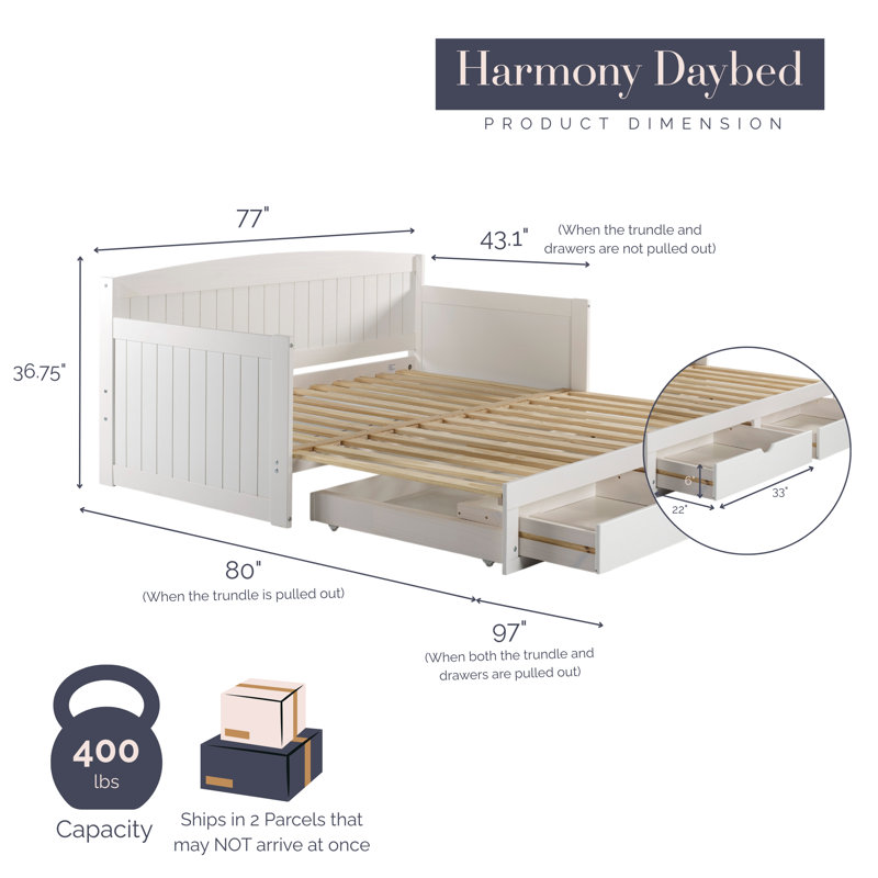 Harmony Twin Daybed with Trundle and Drawers, White, White