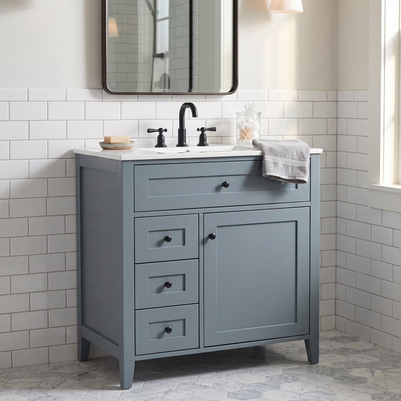 Meuble-lavabo autoportant de 30 po avec lavabo bleu pour rangement de salle de bain, Bleu gris