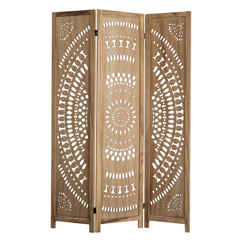 Paravent en bois massif 67 po avec motif floral sculpté à la main, Brun, 3