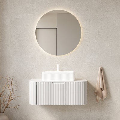 Meuble-lavabo de 91 cm (36 po) avec design suspendu, lavabo rectangulaire en céramique blanche, pierre frittée, armoire de rangement en contreplaqué à rayures 3D, tiroir à fermeture douce, préassemblé et facile à installer