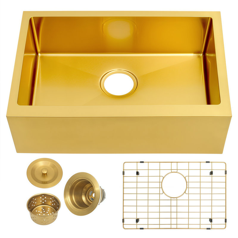 23" L X 16" W X 7" D Stainless Steel Farmhouse Apron Bar Prep RV Sink  With Sink Grid And Basket Strainer, Gold