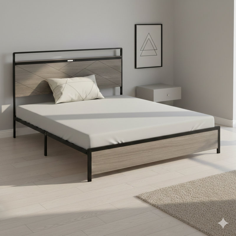 Structure de lit plateforme très grand en bois avec tête de lit avec lumières DEL et deux ports USB. Fonctionnement silencieux, aucun matelas à ressorts requis, outils d'assemblage simples. Offre un grand espace de rangement sous le lit en gris antique.
