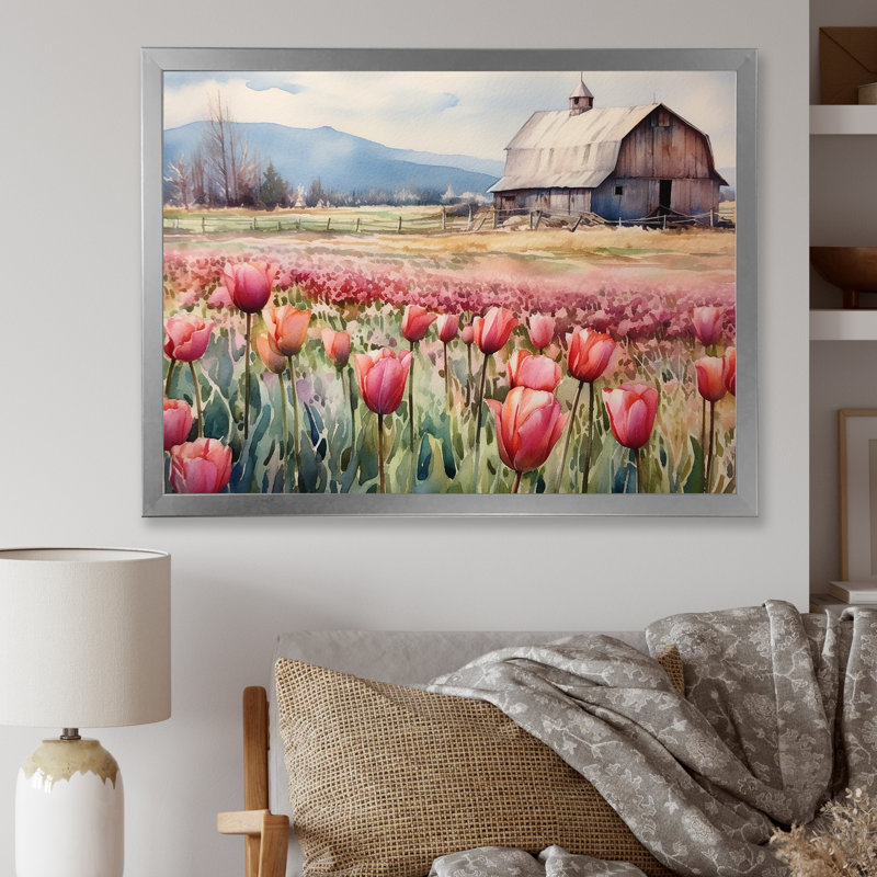 «Countryside Tulip Flowers Field» sur impression sur toile, Cadre simple argenté, H 30 po x l 40 po x P 1,5 po