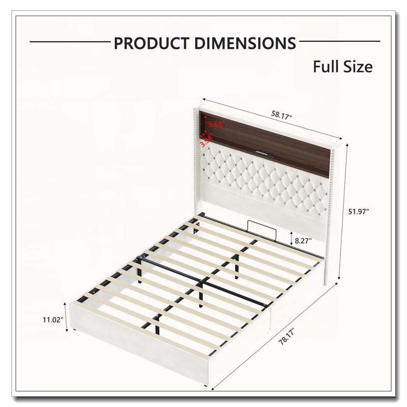 Structure de lit double capitonnée en velours avec port USB et veilleuse, Lit double