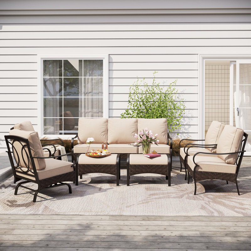Salem 7-Person Rocking Powder Coated Steel Outdoor Seating Group with Cushions, No