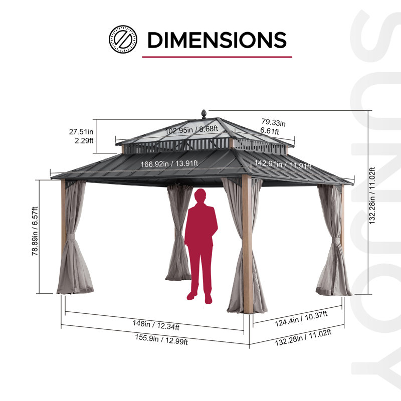 Pavillon de jardin 14 pi x 12 pi SUNJoy Kingston, pavillon en acier avec toit rigide et rideaux, Noir, Grain du bois
