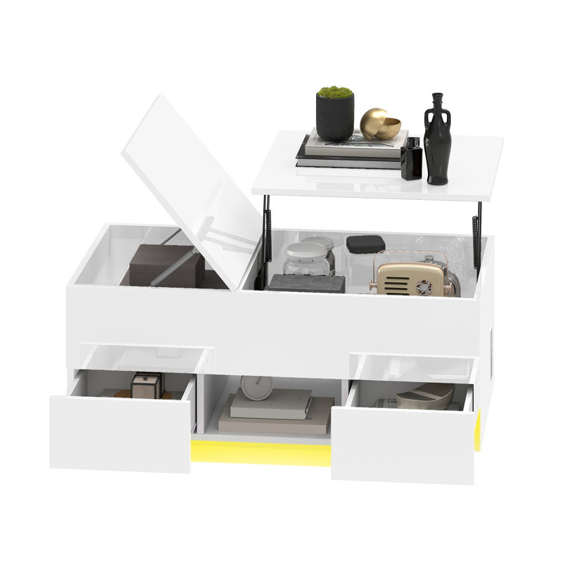  Modern Retangular Lift Top Storage Coffee Table With LED Lights & Power Outlets, White