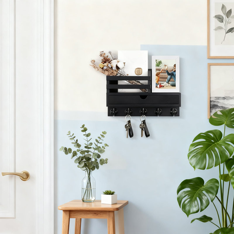 Porte-clés mural avec organisateur de courrier et tiroir de rangement, 5 crochets robustes pour clés, manteaux, laisse pour chien, organisateur de hall d'entrée en bois massif pour la maison