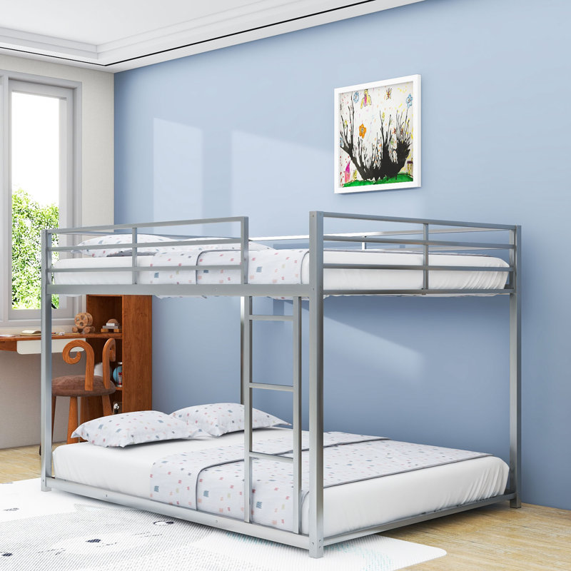 Full Over Full Metal Bunk Bed With Built-In Ladder And Full-Length Guardrails, Silver